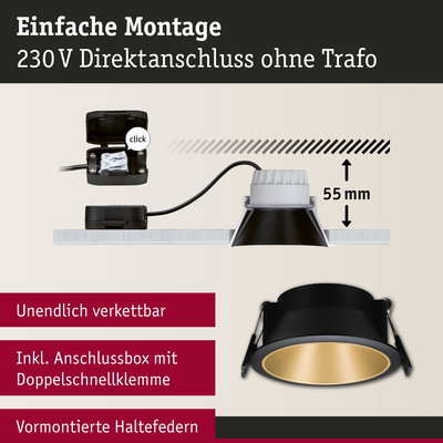 Schwarzer Einbaustrahler mit goldfarbener Innenseite, 55 mm Einbautiefe, einfache 230 V Direktmontage ohne Trafo