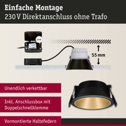 Schwarze Einbauleuchte mit goldfarbener Innenfläche und Anschlussbox für 230V Direktanschluss ohne Trafo