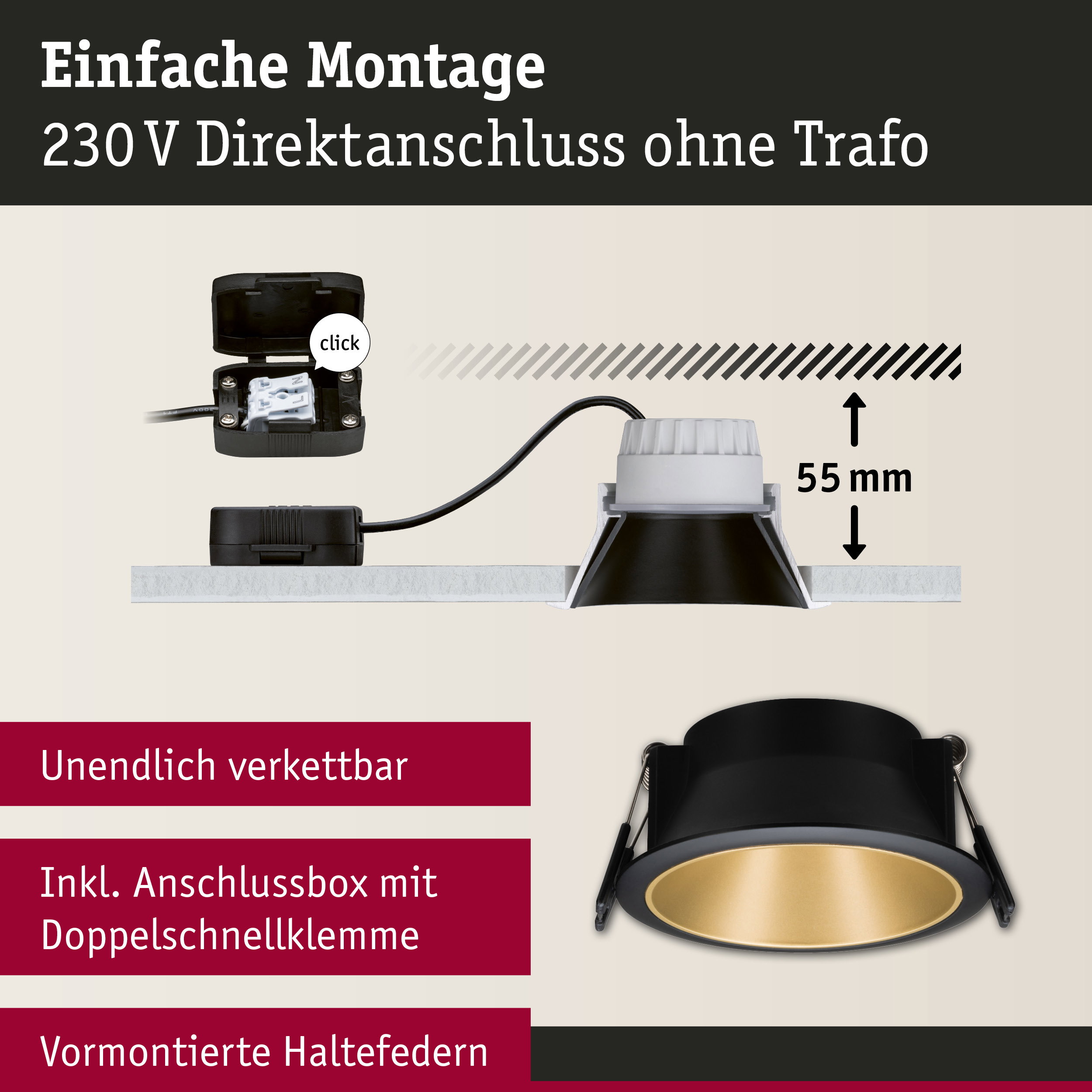 Schwarze Einbauleuchte mit goldfarbener Innenfläche und Anschlussbox für 230V Direktanschluss ohne Trafo