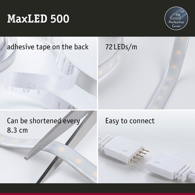 MaxLED 500 LED strip with protective cover, 72 LEDs per meter, adhesive tape, cuttable and easy to connect