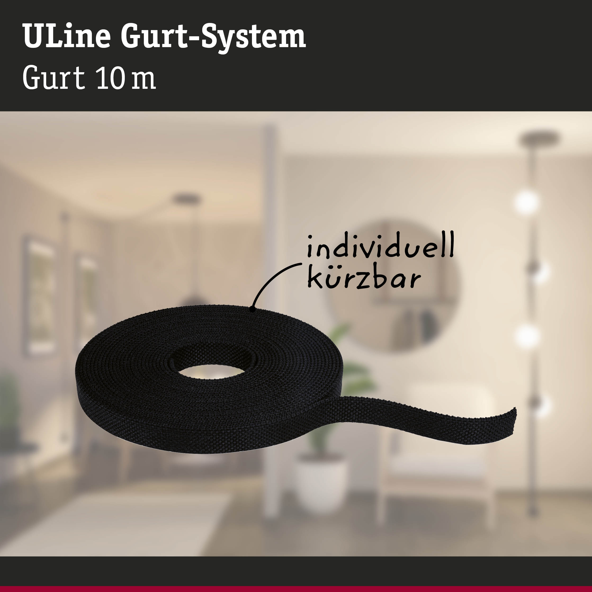 Schwarzes 10 Meter langes ULine Gurt-System aus robustem Material für flexible Anwendungen