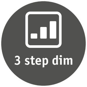 Graues Symbol mit weißem Balkendiagramm und Text 3 step dim für dreistufige Dimmfunktion