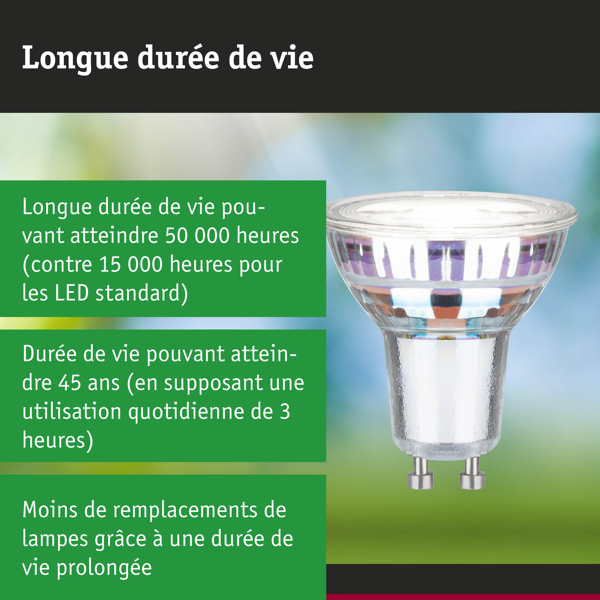Lampe LED avec durée de vie de 50 000 heures, éclairage durable avec moins de déchets