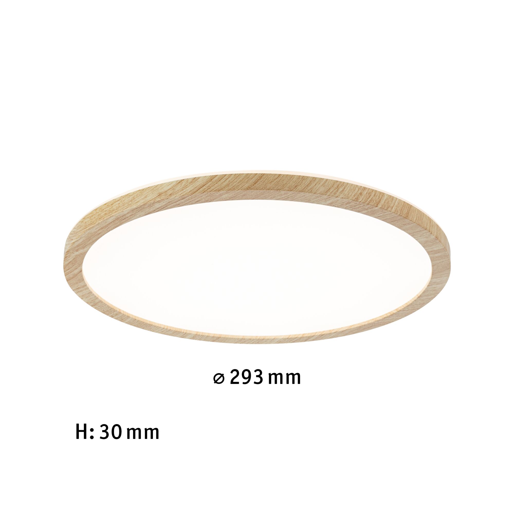Round LED ceiling light with natural oak wood frame, 293 mm diameter, energy-efficient lighting fixture