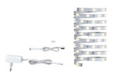 White LED strip light with power adapter and connector cable, flexible indoor lighting set