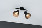 Zwarte plafondlamp met twee verstelbare metalen spots en warm wit licht voor woonruimtes.