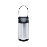 Black portable LED lantern with clear plastic body and flexible handle for outdoor lighting use