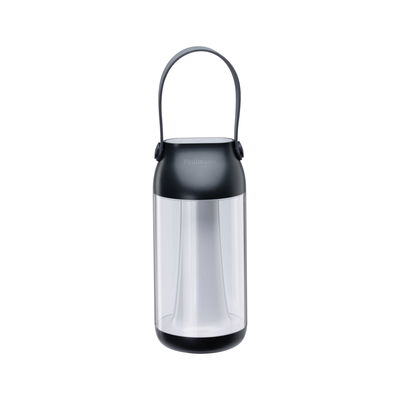 Black portable LED lantern with clear plastic body and flexible handle for outdoor lighting use