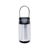 Black portable LED lantern with clear plastic body and flexible handle for outdoor lighting use