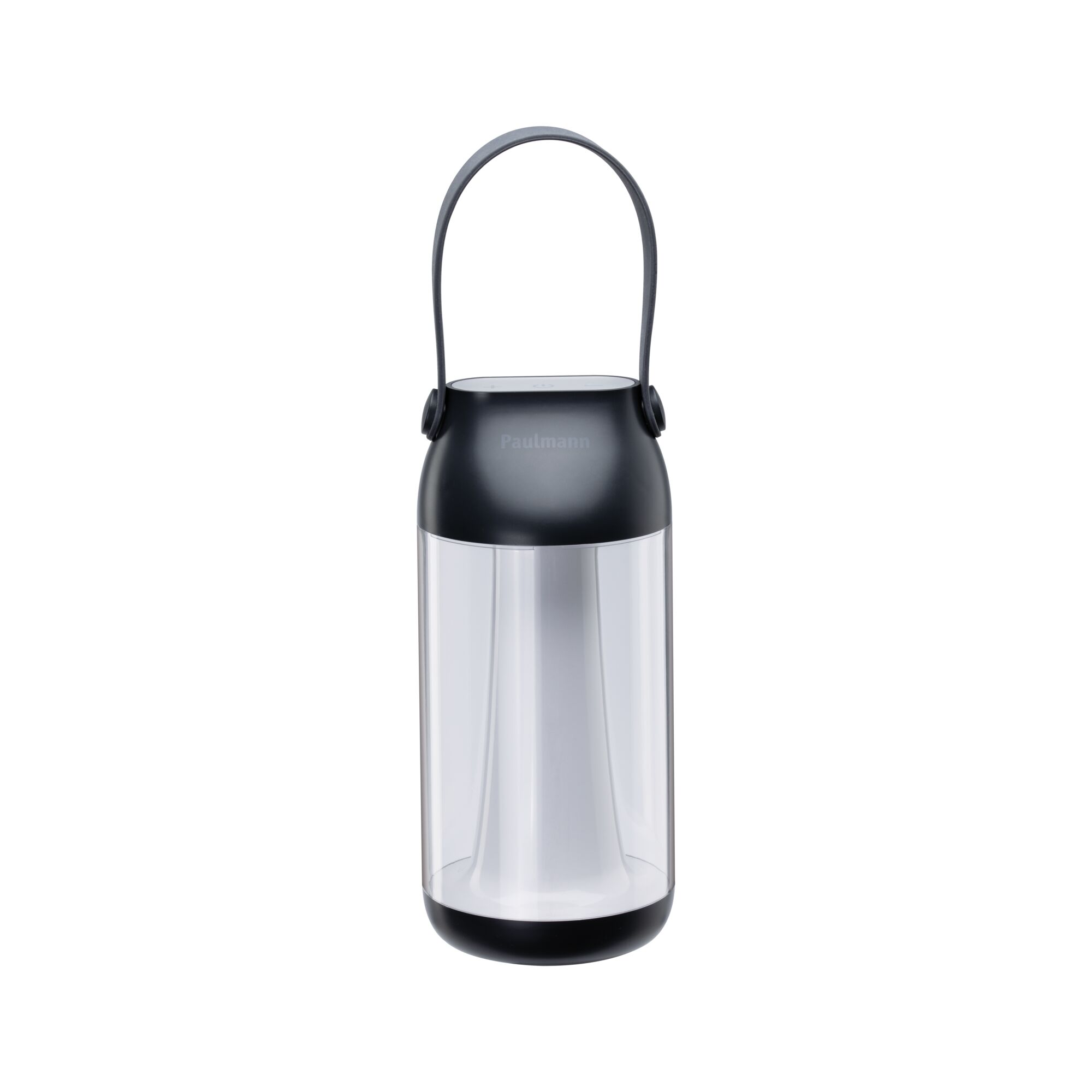 Lanterne LED portable noire avec corps en plastique transparent et poignée flexible pour éclairage extérieur