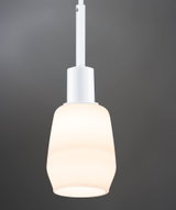 Modern white pendant light with frosted glass and white cable for stylish indoor lighting.