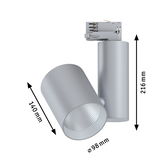 Moderner grauer LED-Spot aus Metall mit 98 mm Durchmesser und 216 mm Höhe für Schienensysteme