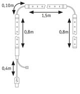 Teknisk tegning af LED-strip connector med mål 1,5m, 0,8m og USB-stik til belysning.