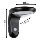 Black outdoor wall light with motion sensor and clear plastic cover, dimensions 180x184x234 mm