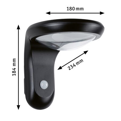 Black outdoor wall light with motion sensor and clear plastic cover, dimensions 180x184x234 mm