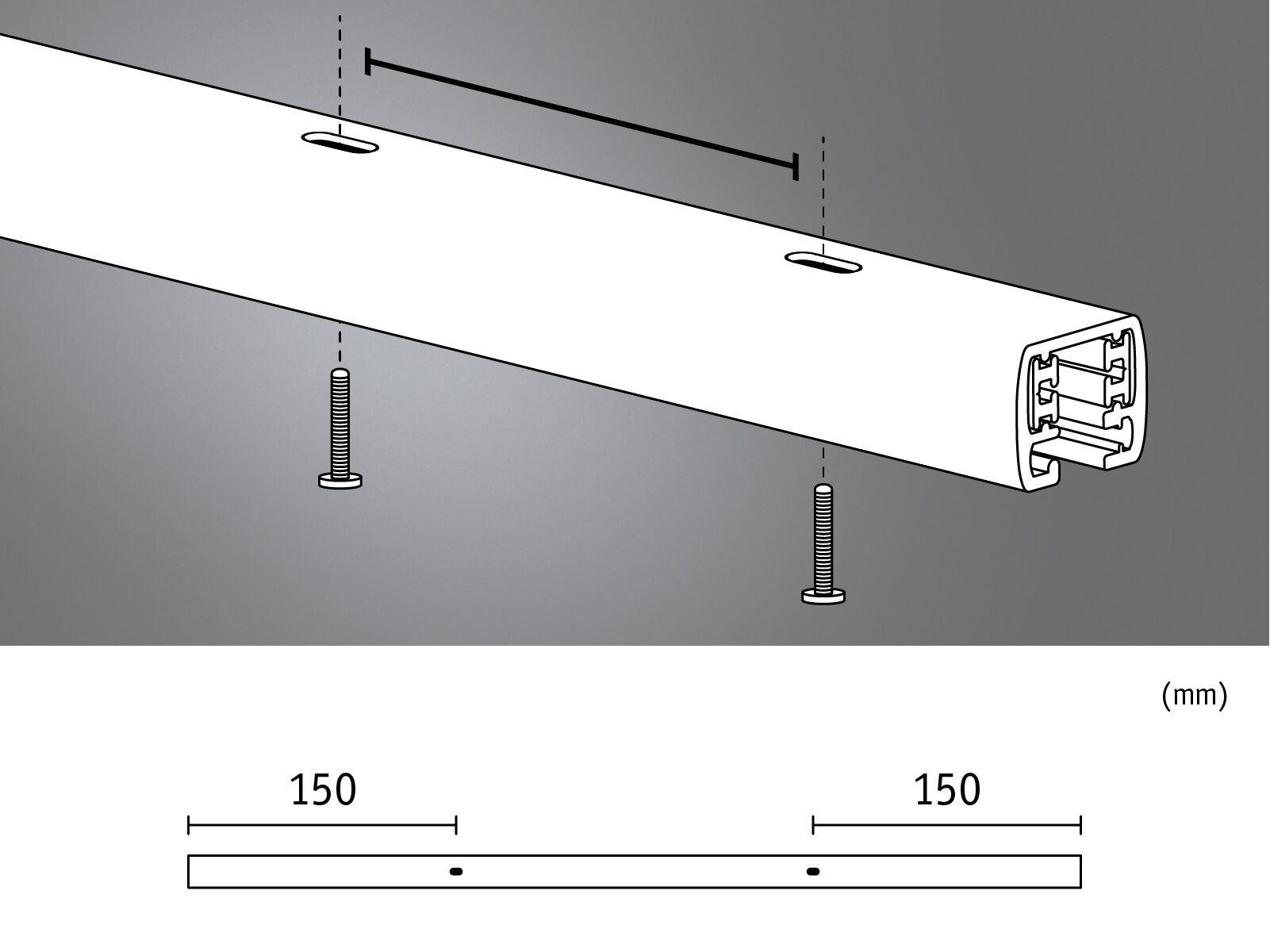 Technical drawing of white aluminum profile with screws and 150 mm drill spacing for LED tracks.