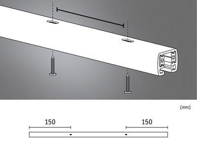 Technische tekening van wit aluminium profiel met schroeven en 150 mm boorafstand voor LED-rails.