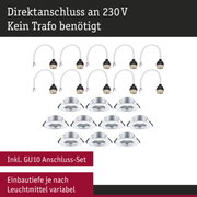 Set aus weißen GU10 Anschlusskabeln und silbernen Einbaustrahlern für 230V Direktanschluss ohne Trafo