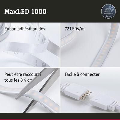 Bande LED MaxLED 1000 avec 72 LEDs/m, ruban adhésif, coupable tous les 8,4 cm, connexion facile