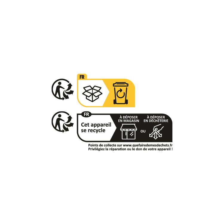 Instructions françaises pour le recyclage des appareils avec icônes pour dépôt en magasin ou déchèterie.