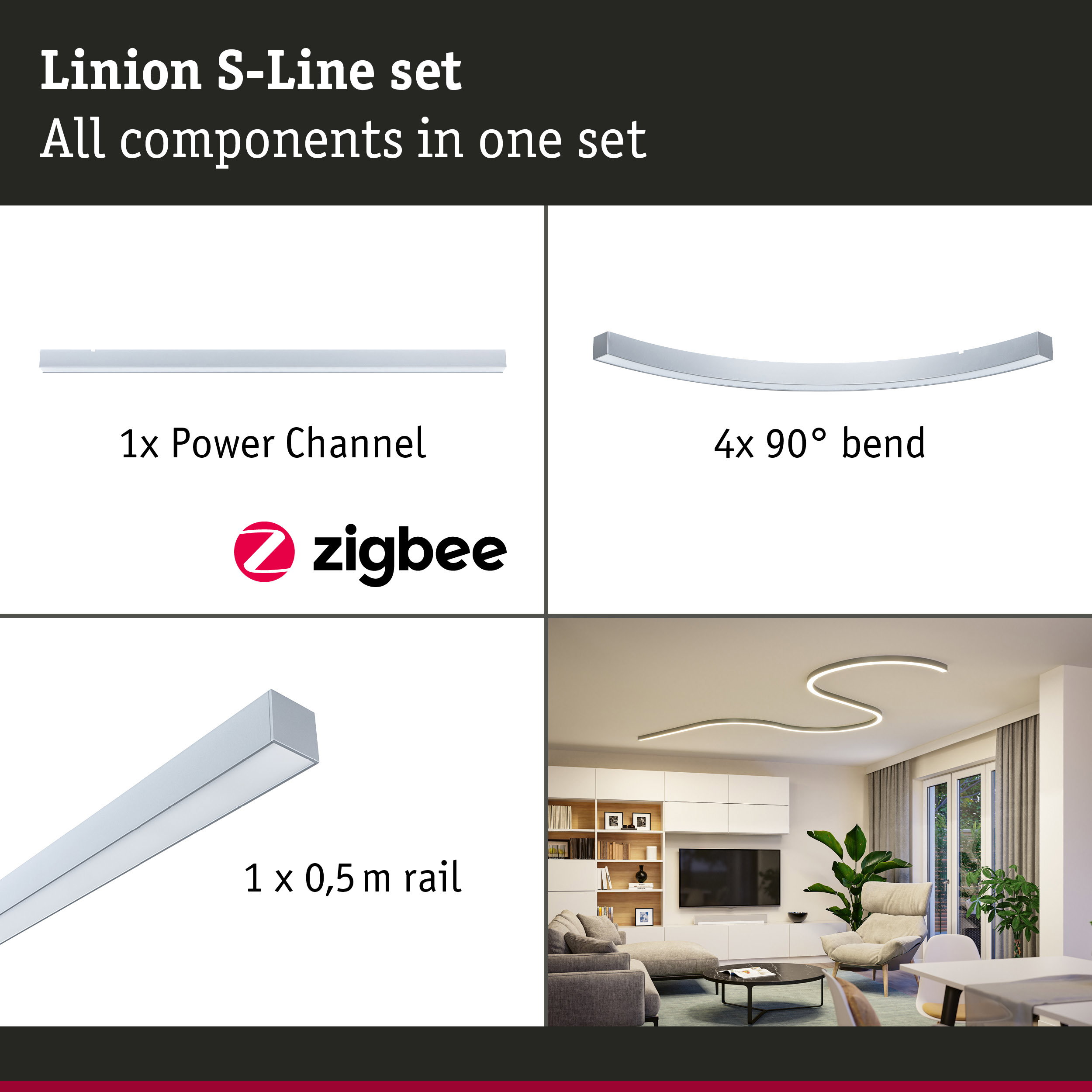 Linion Light Channel Smart Home Zigbee 3.0 S-shape Complete Set 230/24V W 3000K Chrome matt