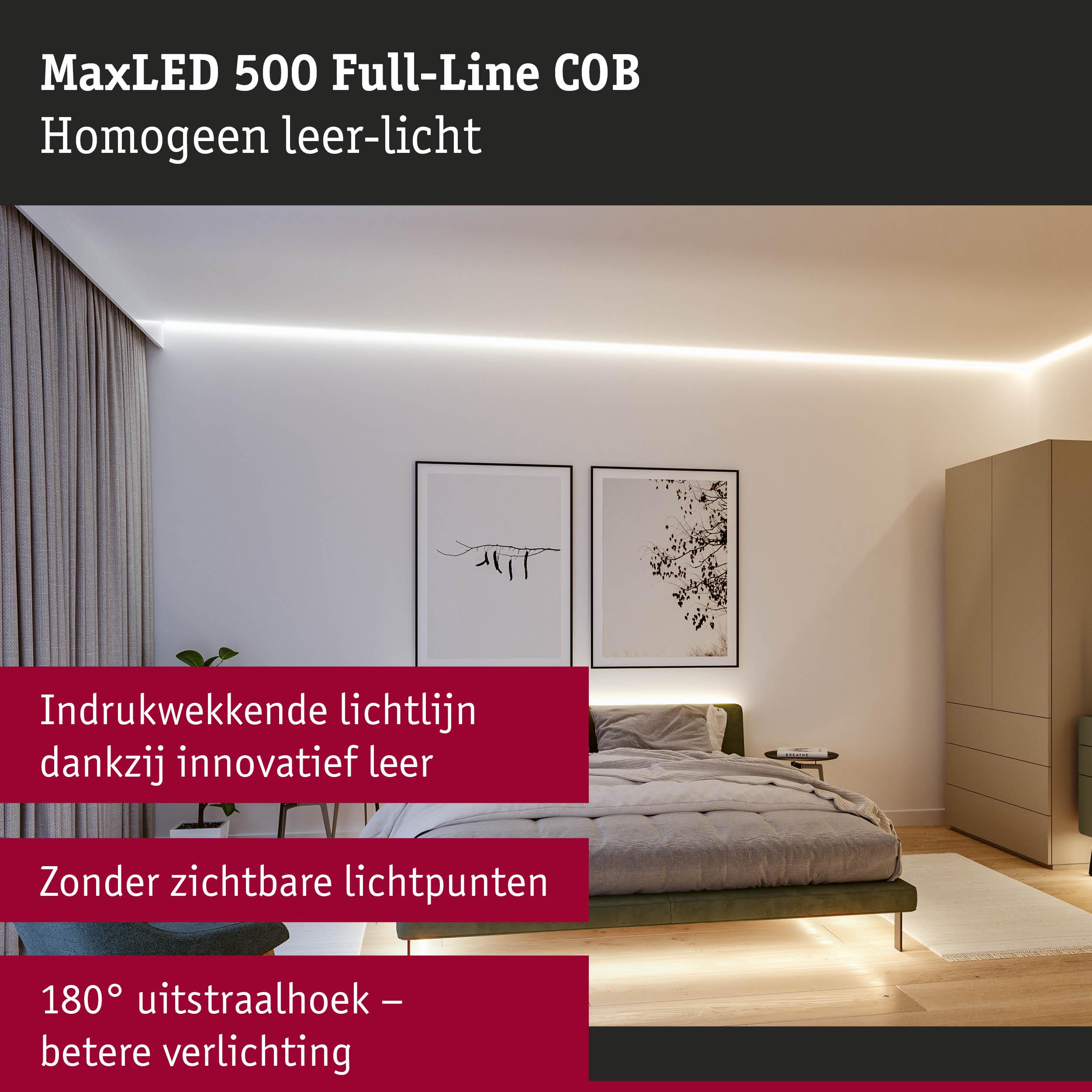 Slaapkamer met MaxLED 500 Full-Line COB witte LED-lichtlijn voor gelijkmatige, schaduwvrije verlichting
