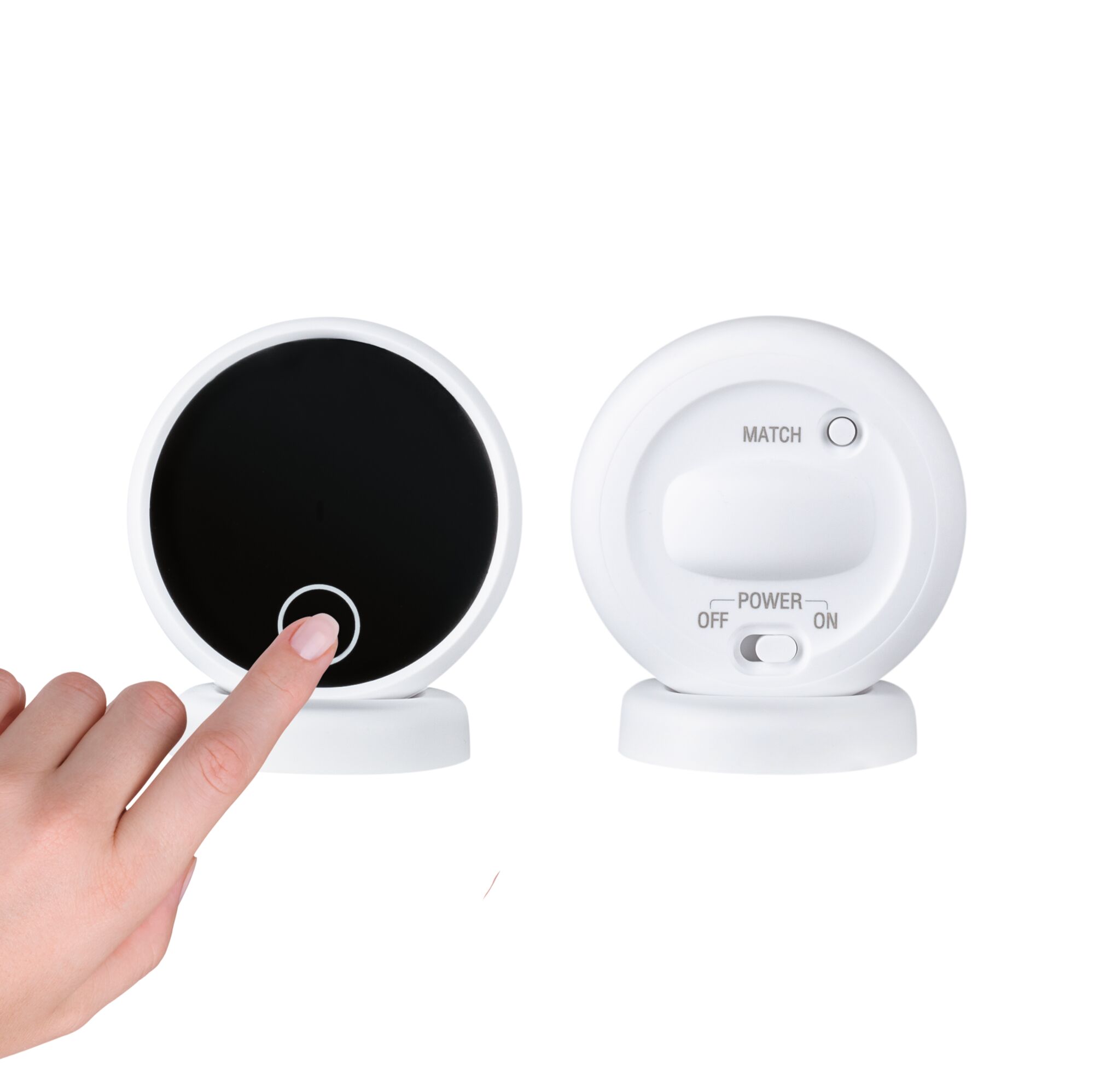 White round LED control device with front touch button and rear switch for light control