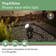 Black outdoor spotlight with warm white light on pebbles for garden lighting