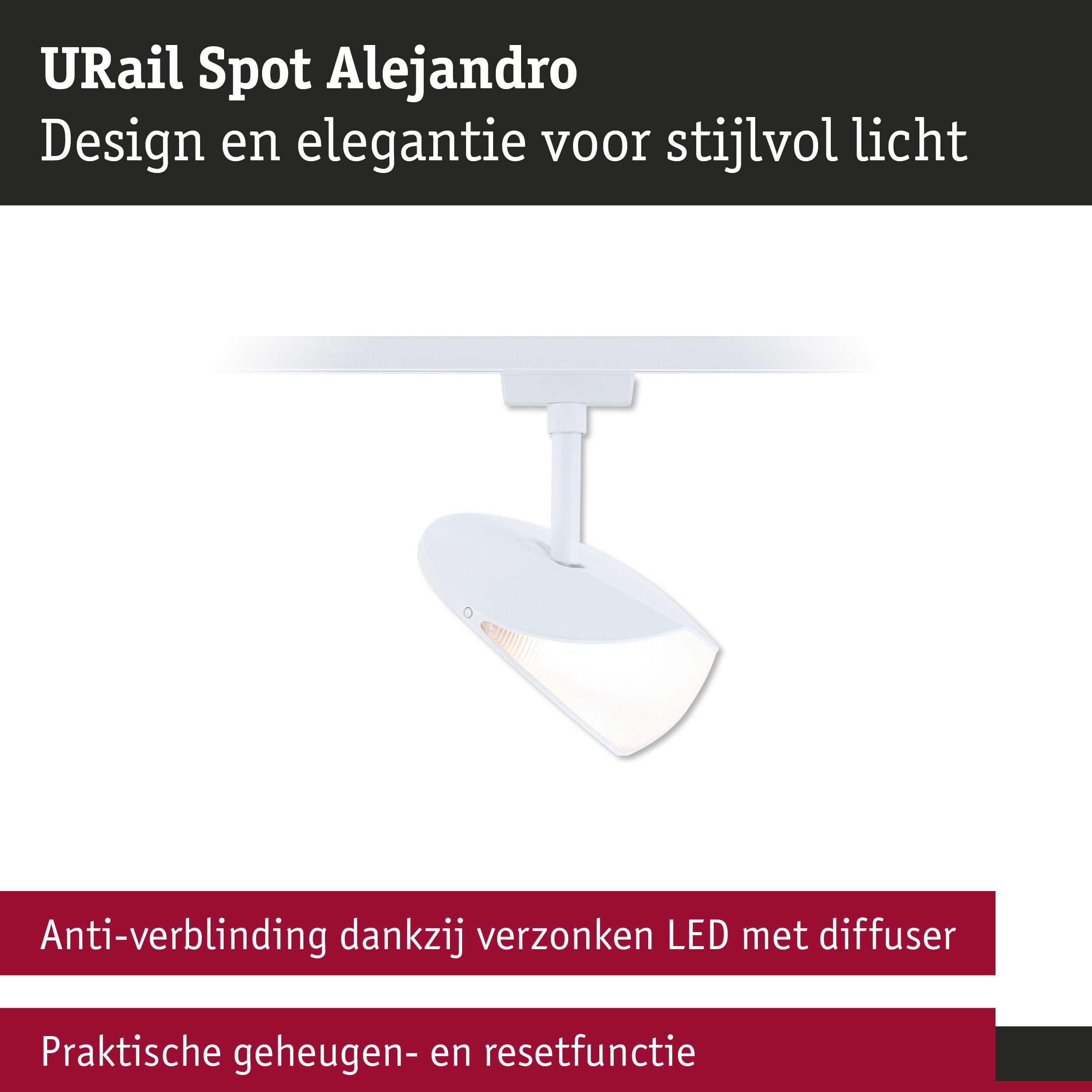 Witte URail Spot Alejandro LED met anti-verblindingsdiffuser en praktische geheugen- en resetfunctie