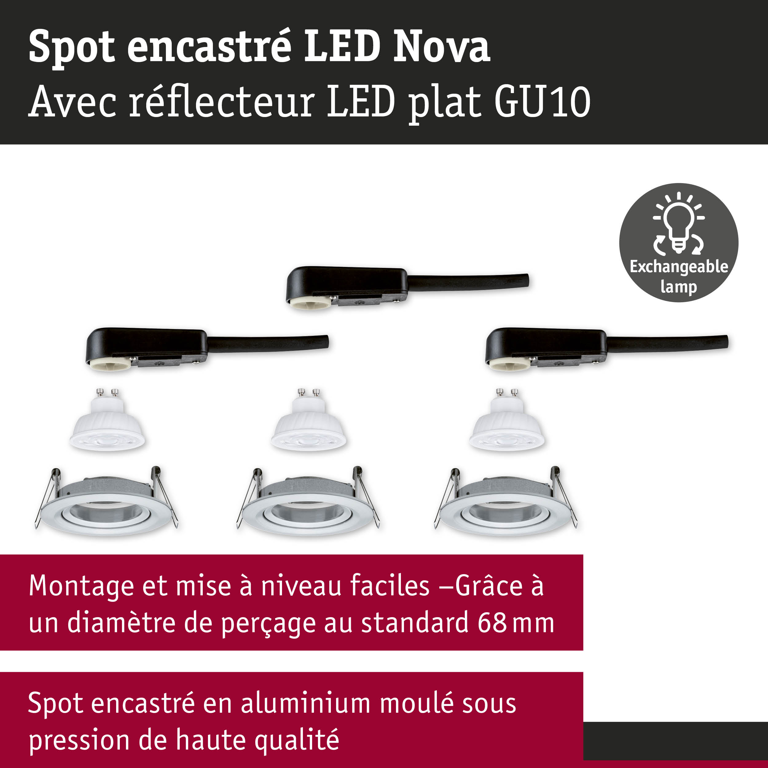 Spot encastré LED Nova en aluminium blanc avec lampe LED plate GU10 et câble noir