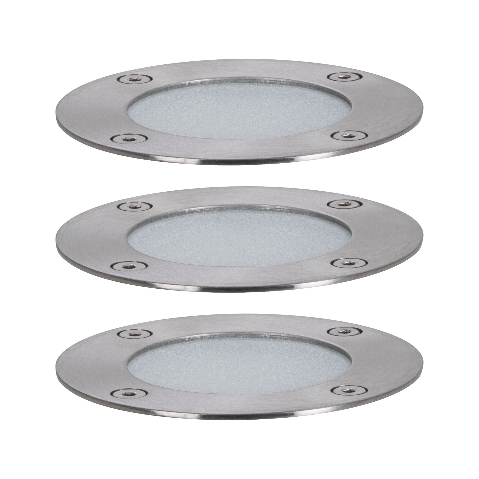 Three round recessed lights in brushed stainless steel with frosted glass for outdoor lighting