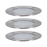 Three round recessed lights in brushed stainless steel with frosted glass for outdoor lighting