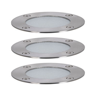Three round recessed lights in brushed stainless steel with frosted glass for outdoor lighting