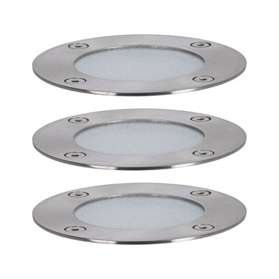 Three round recessed lights in brushed stainless steel with frosted glass for outdoor lighting