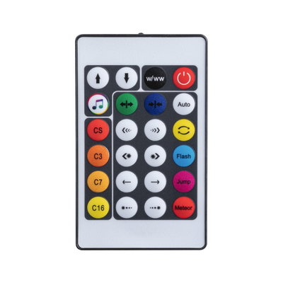 White and black remote control with colorful buttons for lighting control and effects