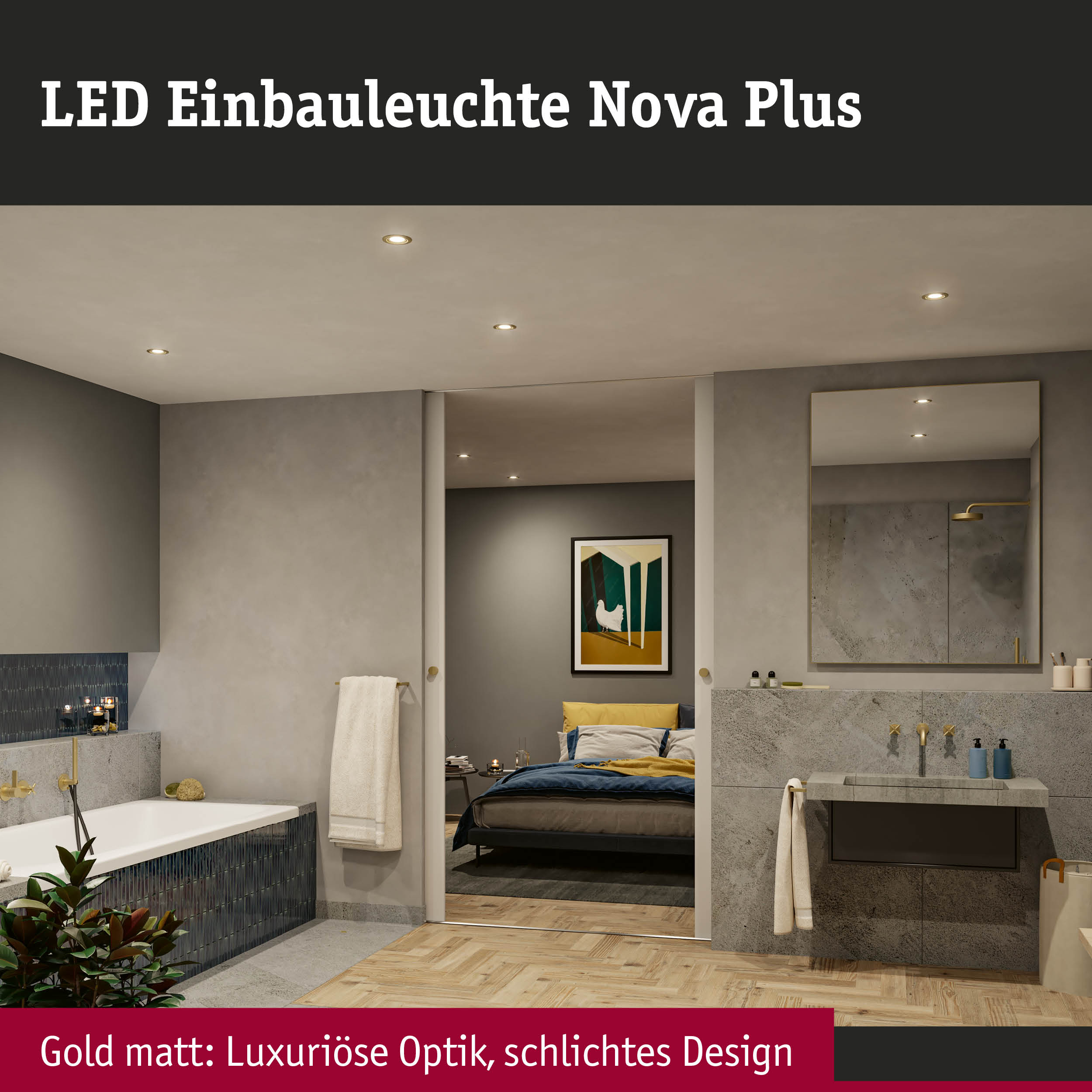 LED Einbauleuchten Nova Plus in mattgoldener Optik beleuchten modernes Badezimmer mit grauen Fliesen.