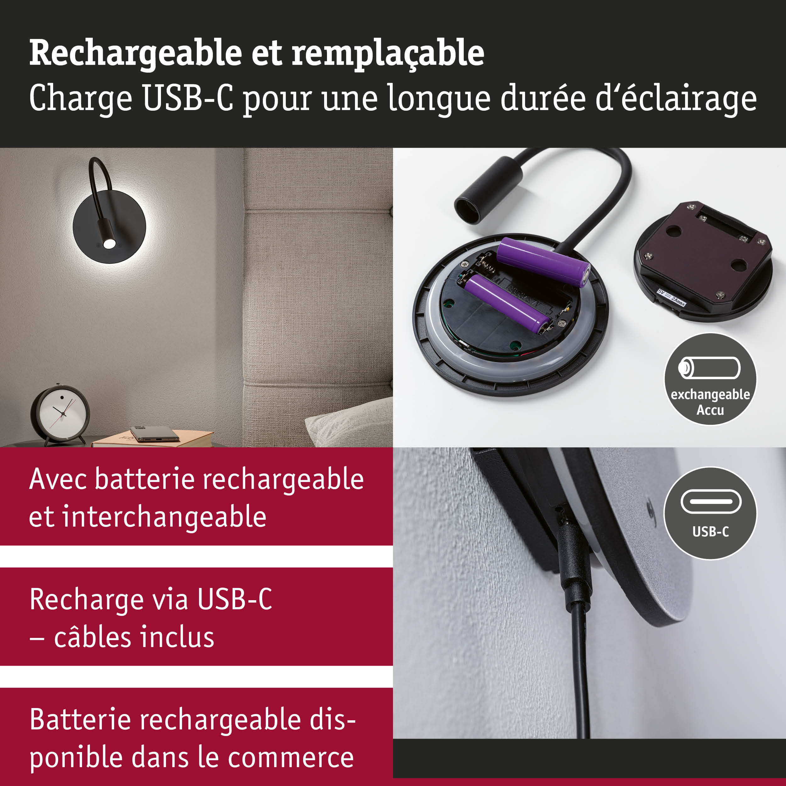 Lampe murale noire avec câble USB-C et batterie rechargeable interchangeable pour un éclairage durable