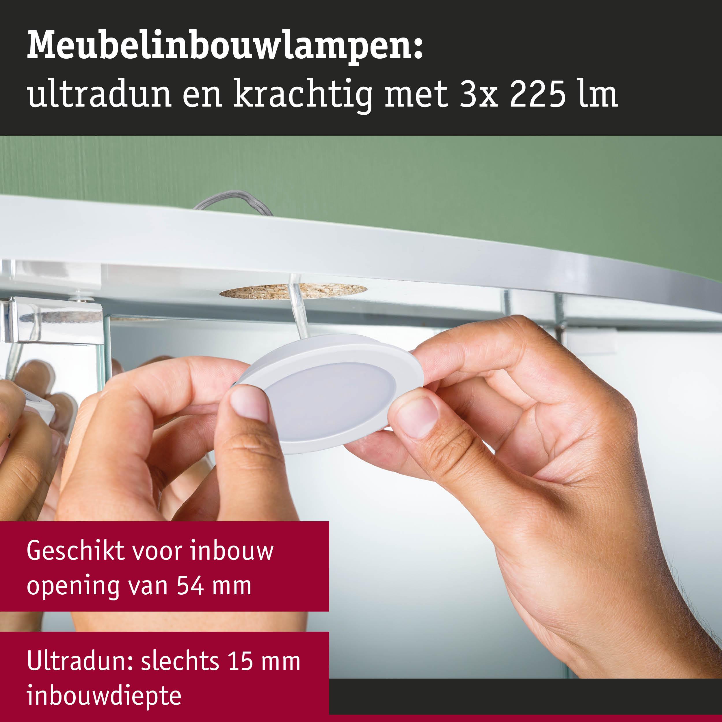 Ultradunne witte kunststof meubel inbouwlamp met 15 mm inbouwdiepte, geschikt voor 54 mm opening