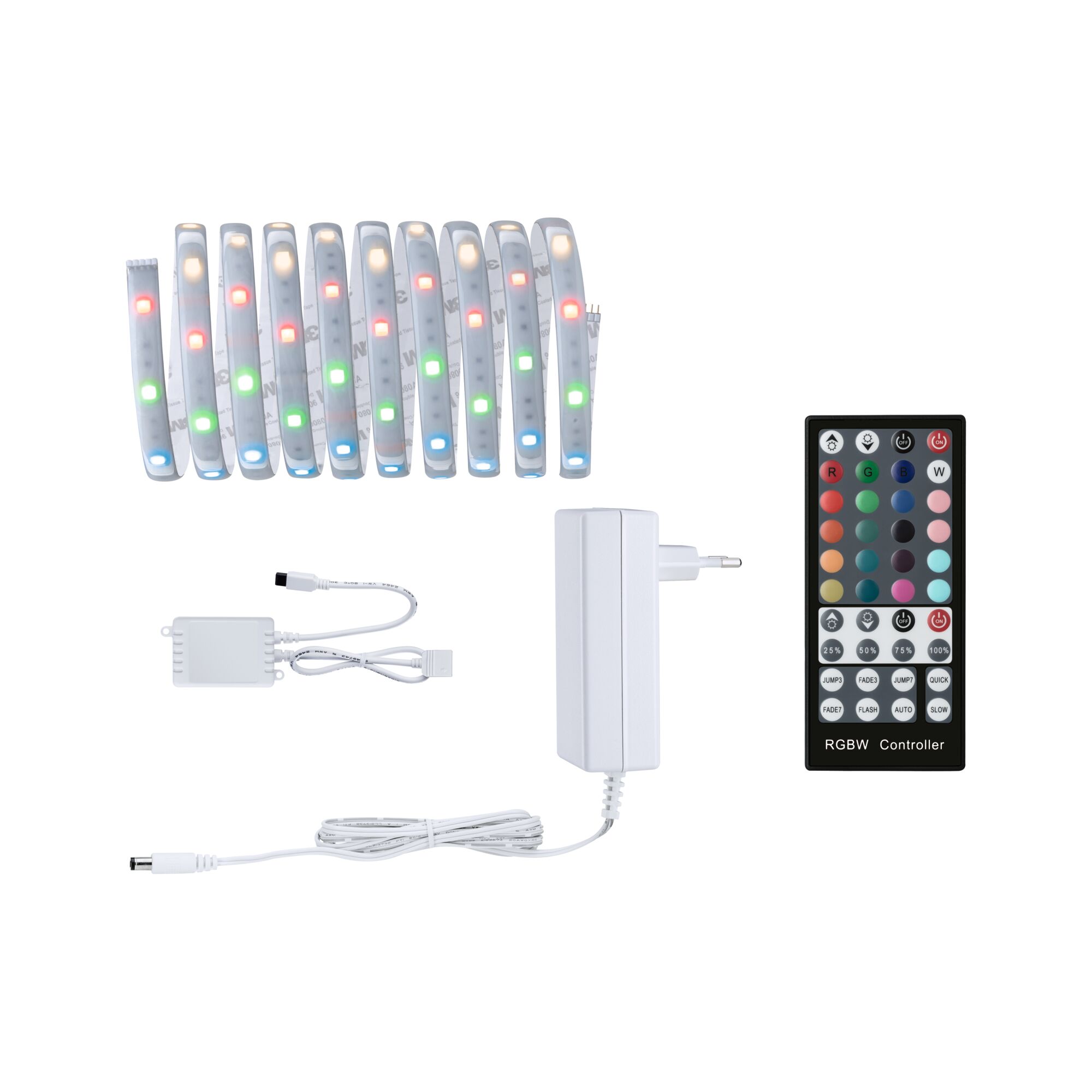 MaxLED 250 Strip LED Kit de base 3m RGBW+ 3m revêtue 20W 270lm/m 30 LEDs/m RGBW+ 36VA Bande LED RGBW avec télécommande, alimentation et contrôleur blanc pour éclairage coloré polyvalent