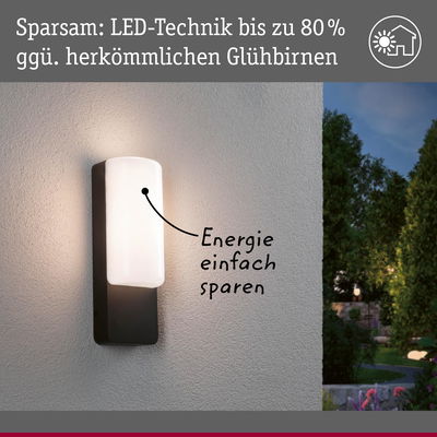 Moderne LED-Wandleuchte in Schwarz und Weiß an Außenwand mit energiesparender Beleuchtung