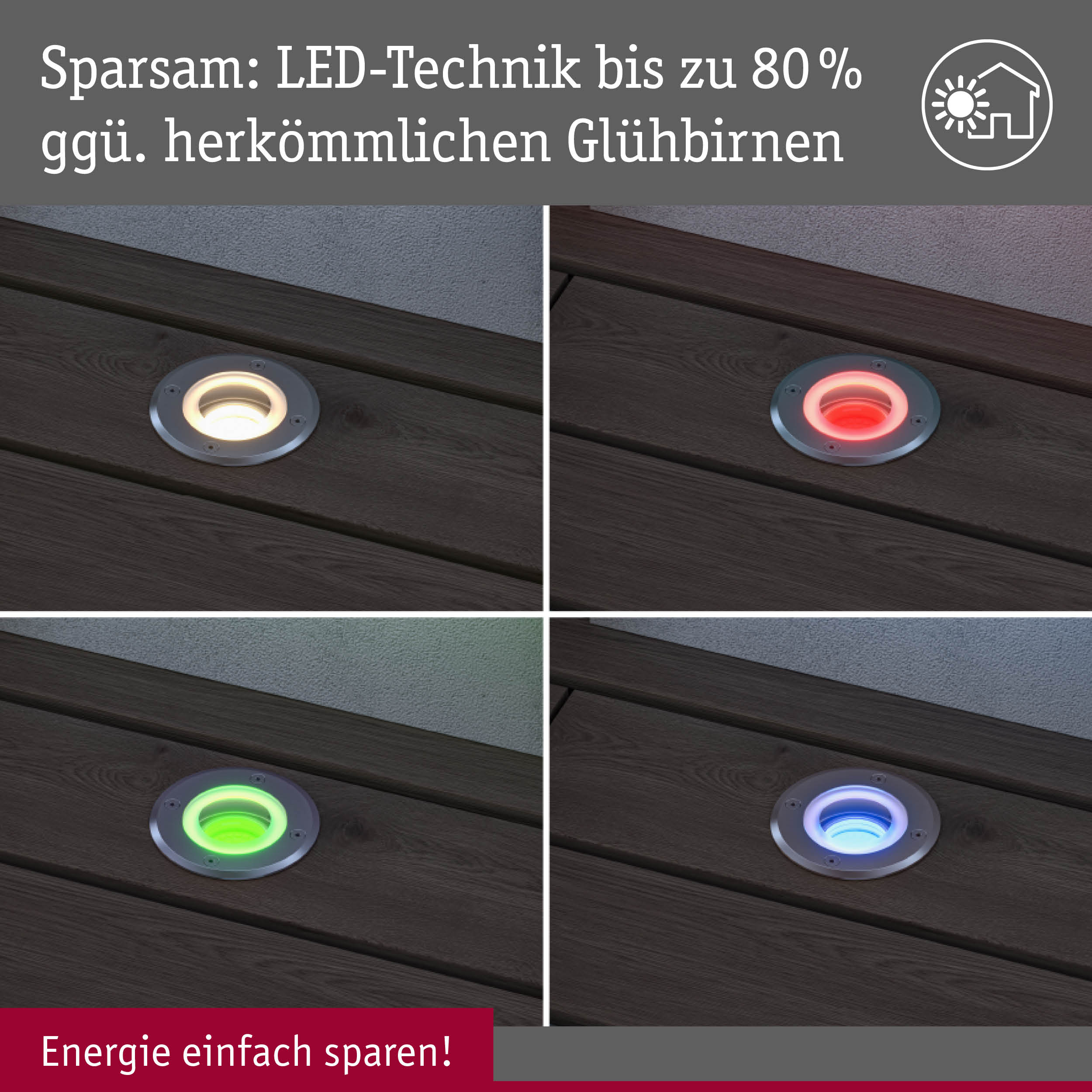 Vier LED-Bodeneinbauleuchten in Weiß, Rot, Grün und Blau auf Holzterrasse mit Energiesparhinweis