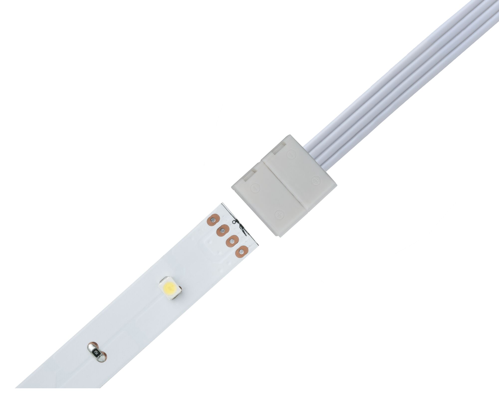 Bande LED blanche avec câble de connexion et quatre contacts en cuivre pour installations lumineuses flexibles