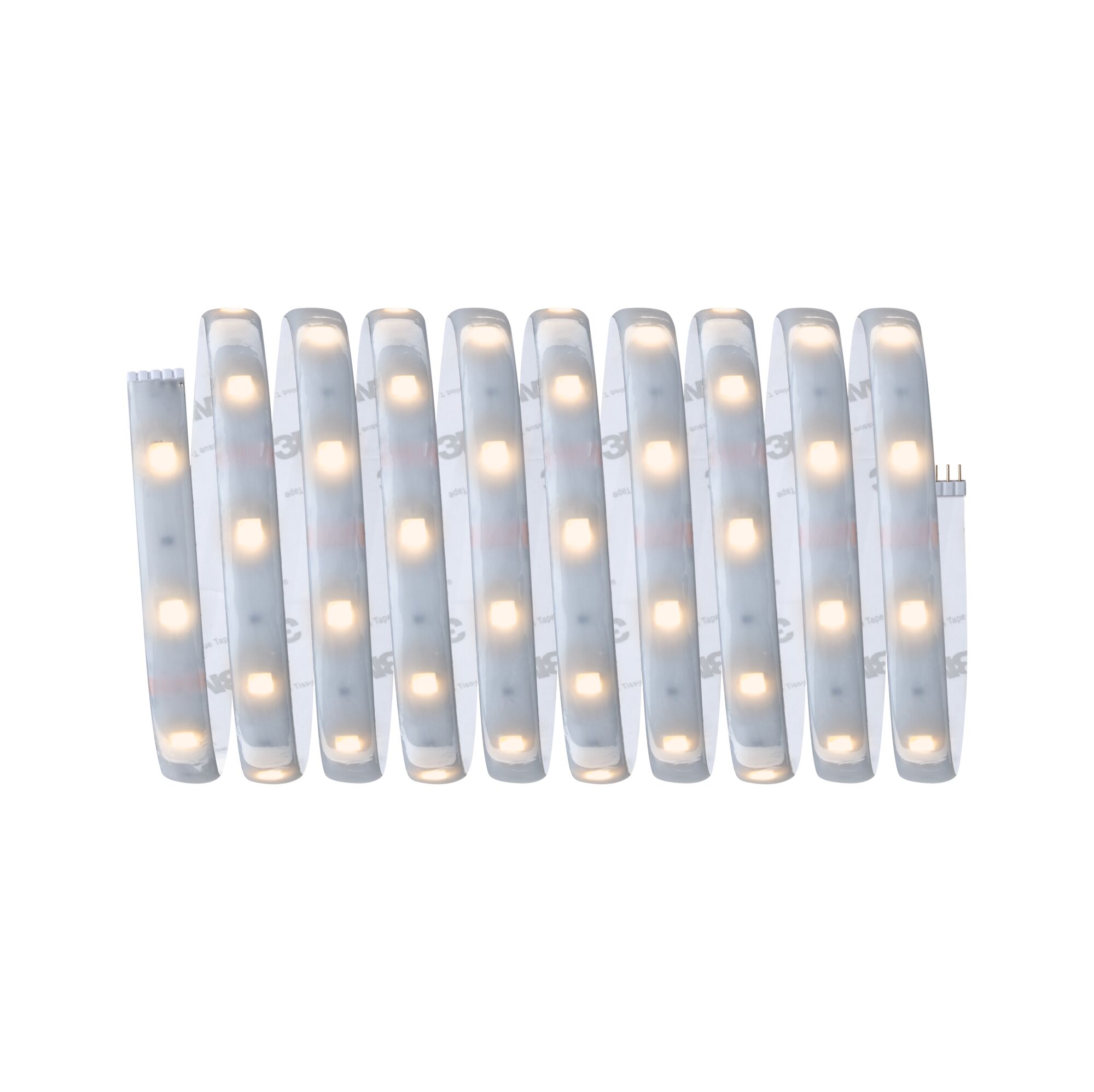 Flexibler LED-Lichtstreifen mit warmweißem Licht und selbstklebender Rückseite für vielseitige Beleuchtung.