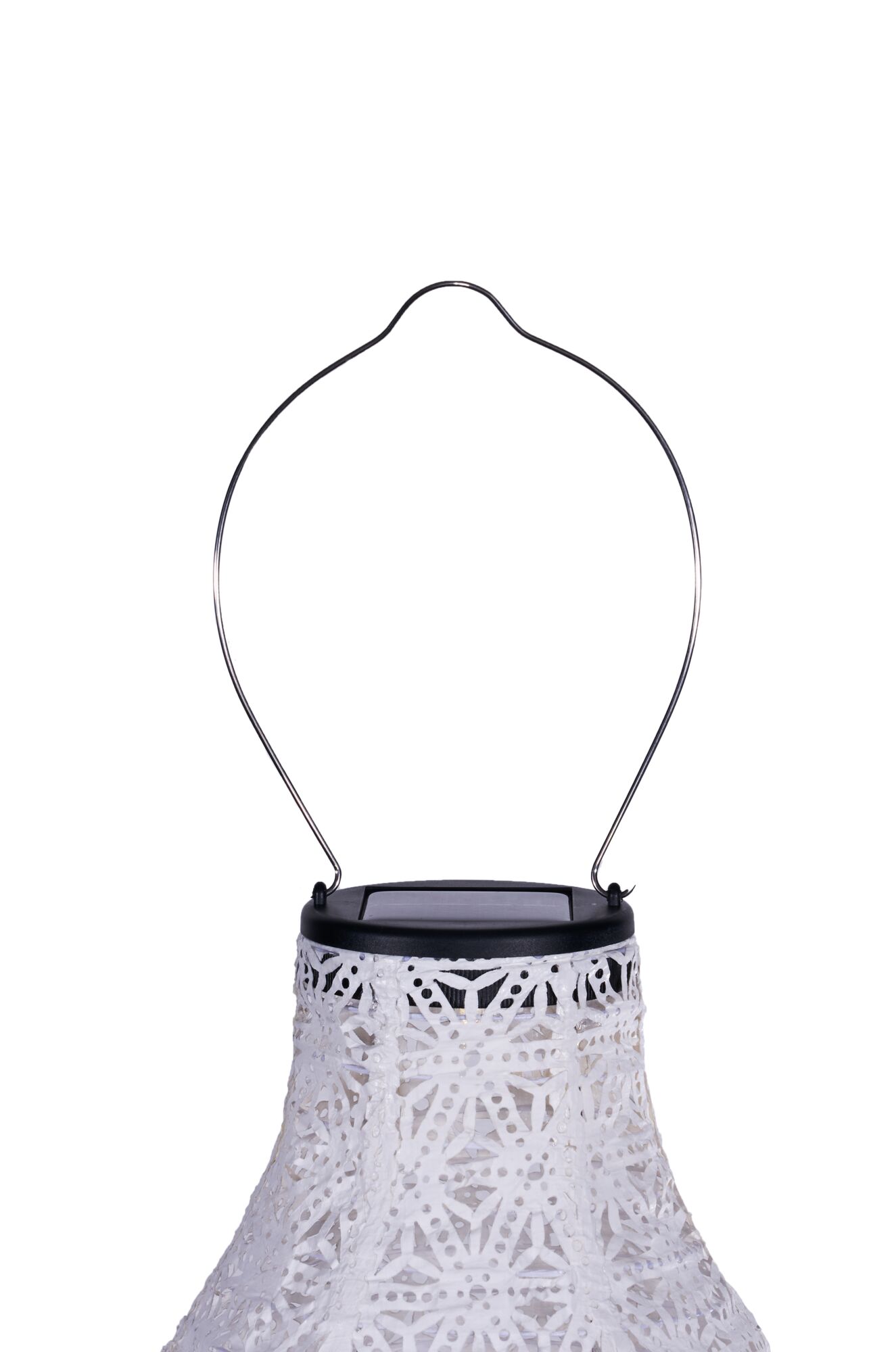 White solar lantern with delicate pattern and metal handle for garden and outdoor lighting