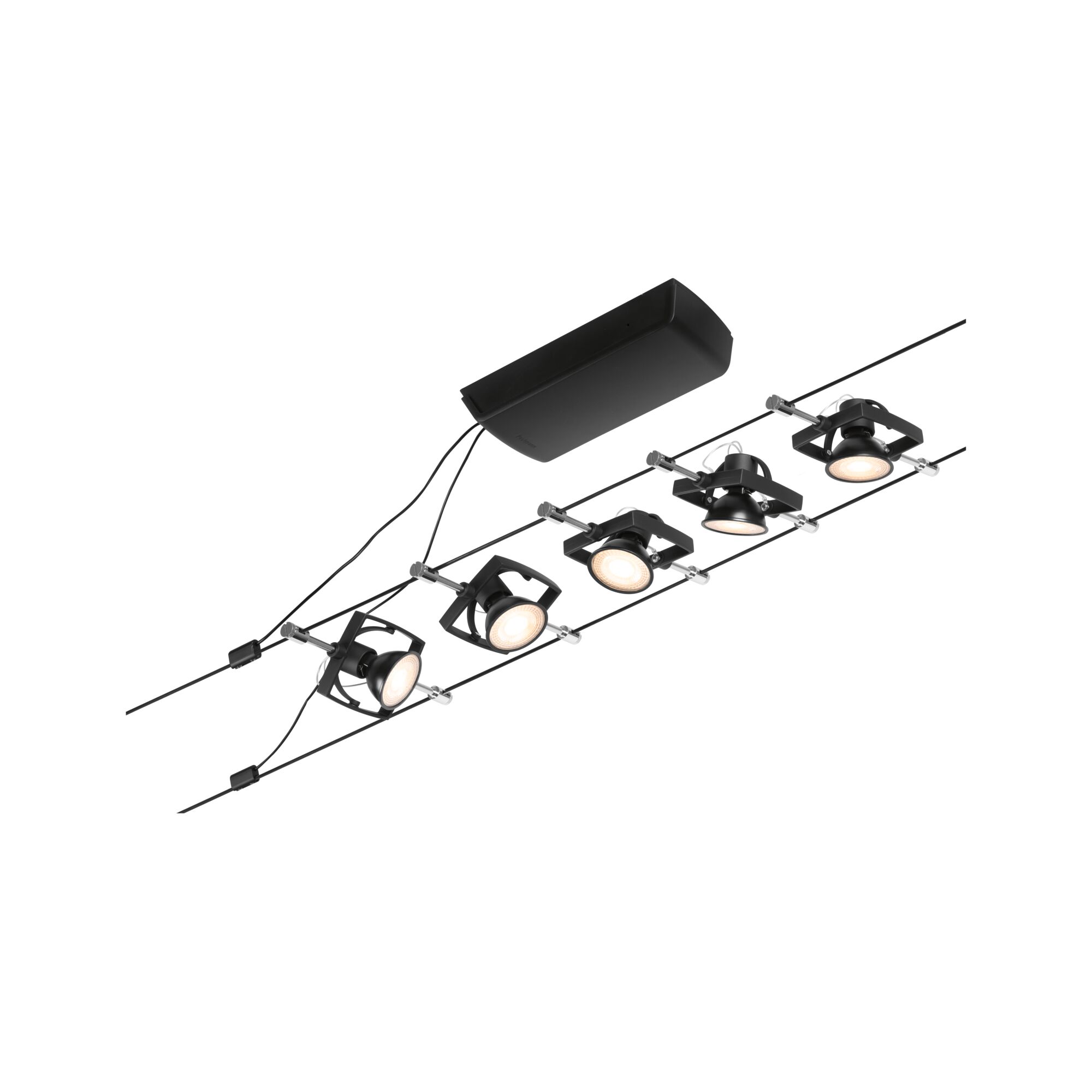 Black LED cable lighting system with five adjustable metal spotlights for modern room illumination