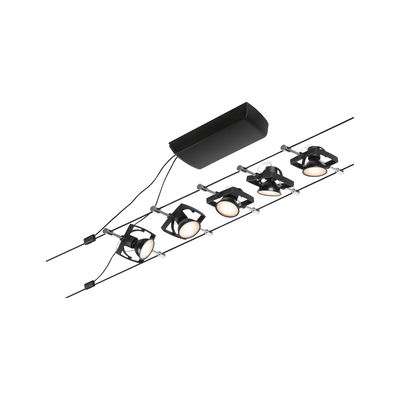 Black LED cable lighting system with five adjustable metal spotlights for modern room illumination
