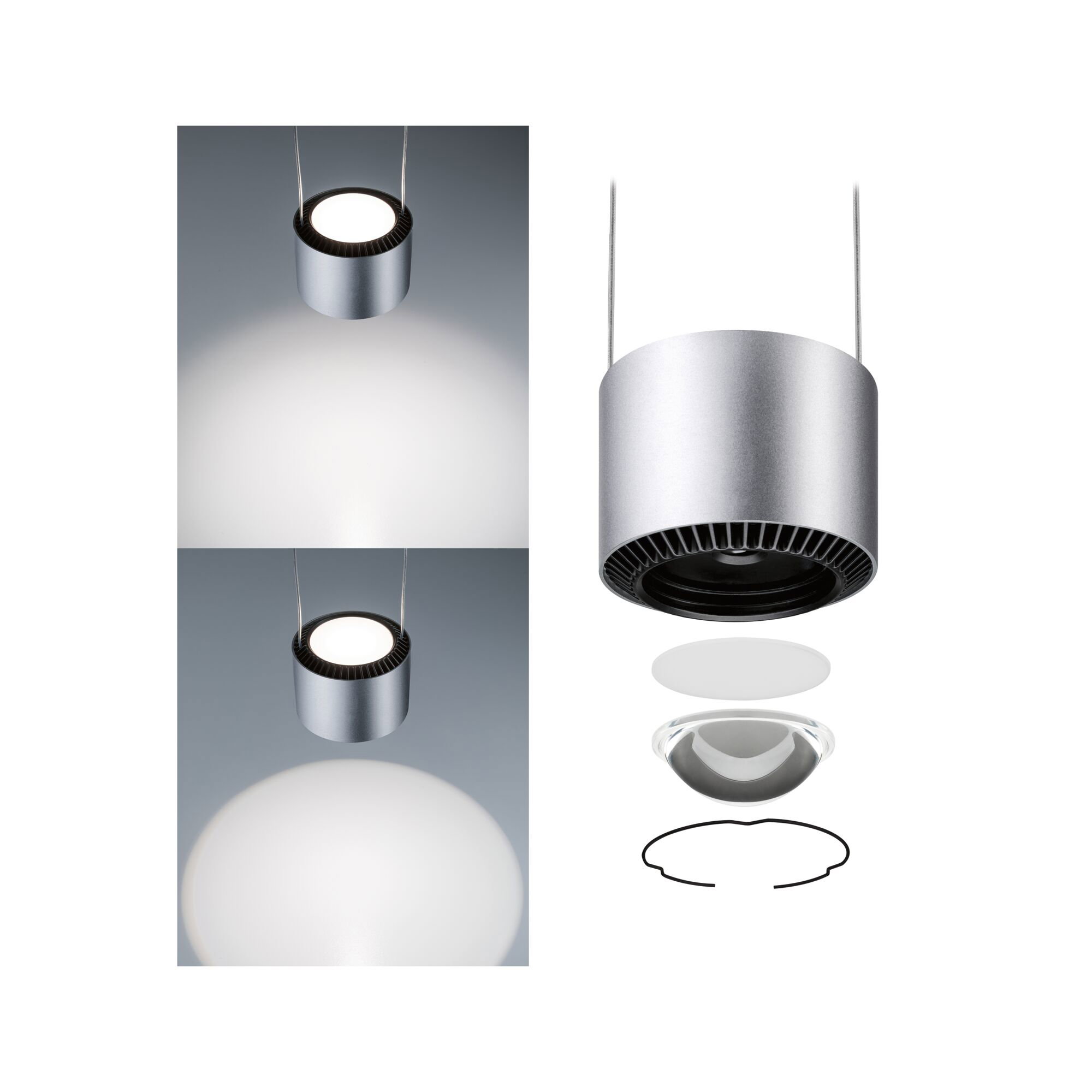 Moderner silberner Aluminium-Pendelleuchte mit LED und austauschbaren Linsen für flexible Beleuchtung