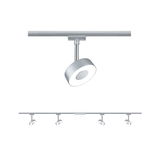 Modern silver LED spotlight with round design on track system for versatile room lighting