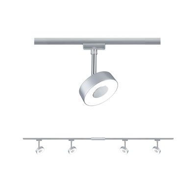 Spot LED argenté moderne à forme ronde sur rail pour un éclairage d'intérieur polyvalent