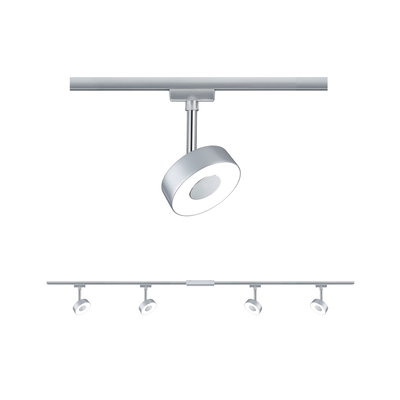 Moderner LED-Spot in Silber mit runder Form an Schienensystem für flexible Raumbeleuchtung